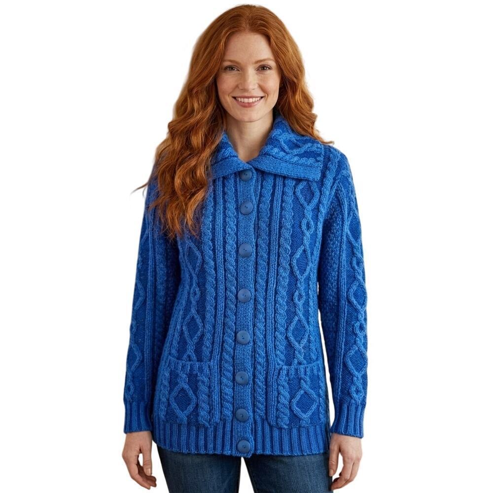 Aran Crafts Ireland Merino Wool Cardigan Variegated Blue XS NWOT